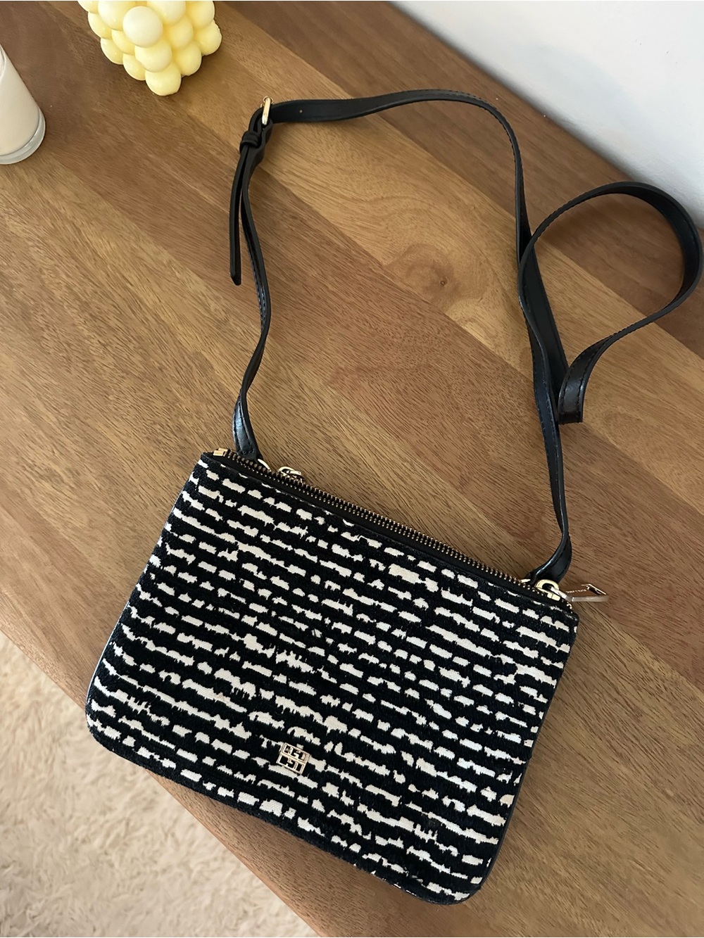 Black & White Patterned Crossbody Bag with Gold Accent